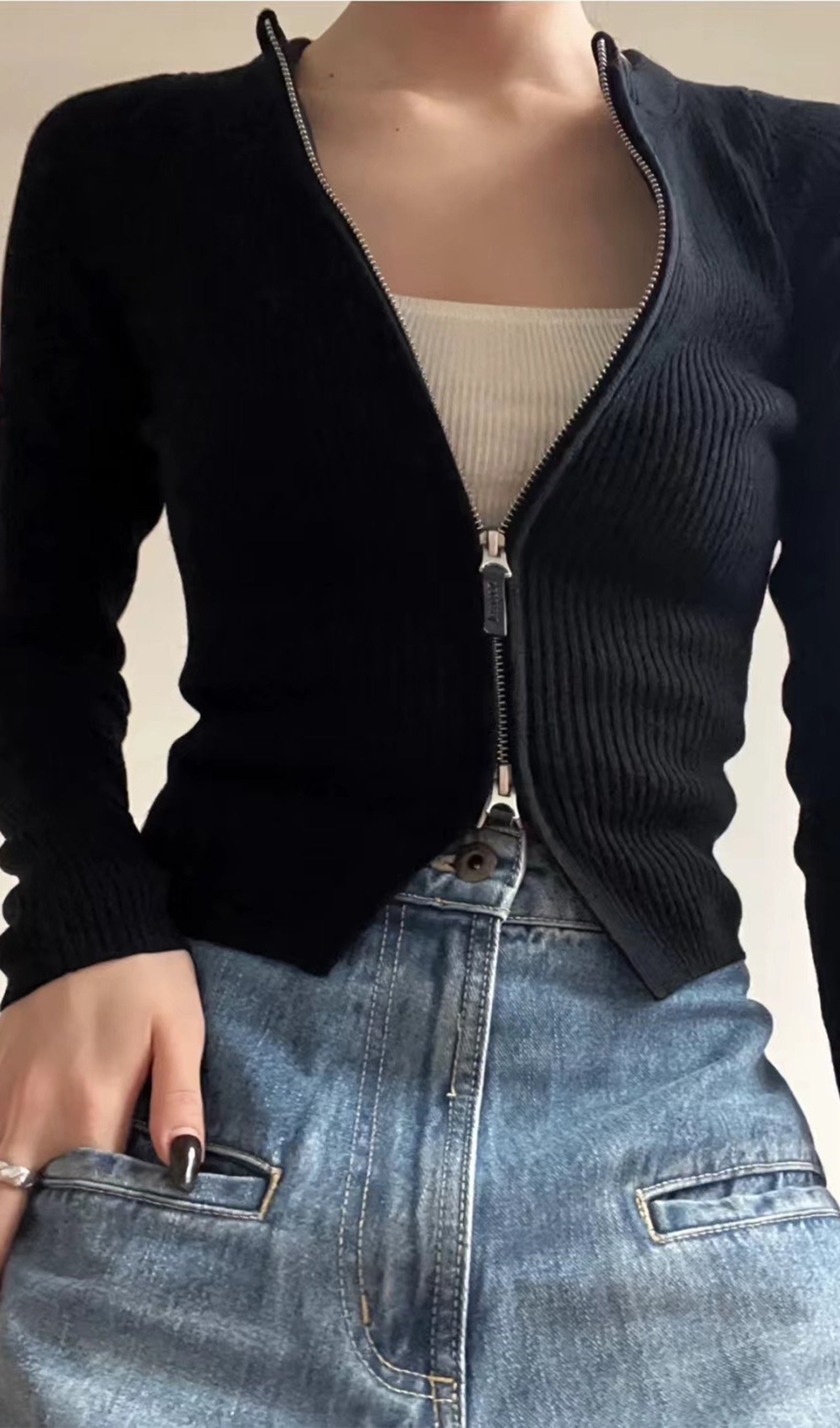 Πλεκτή Ζακέτα Με Φερμουάρ Και Ριμπ Ύφανση