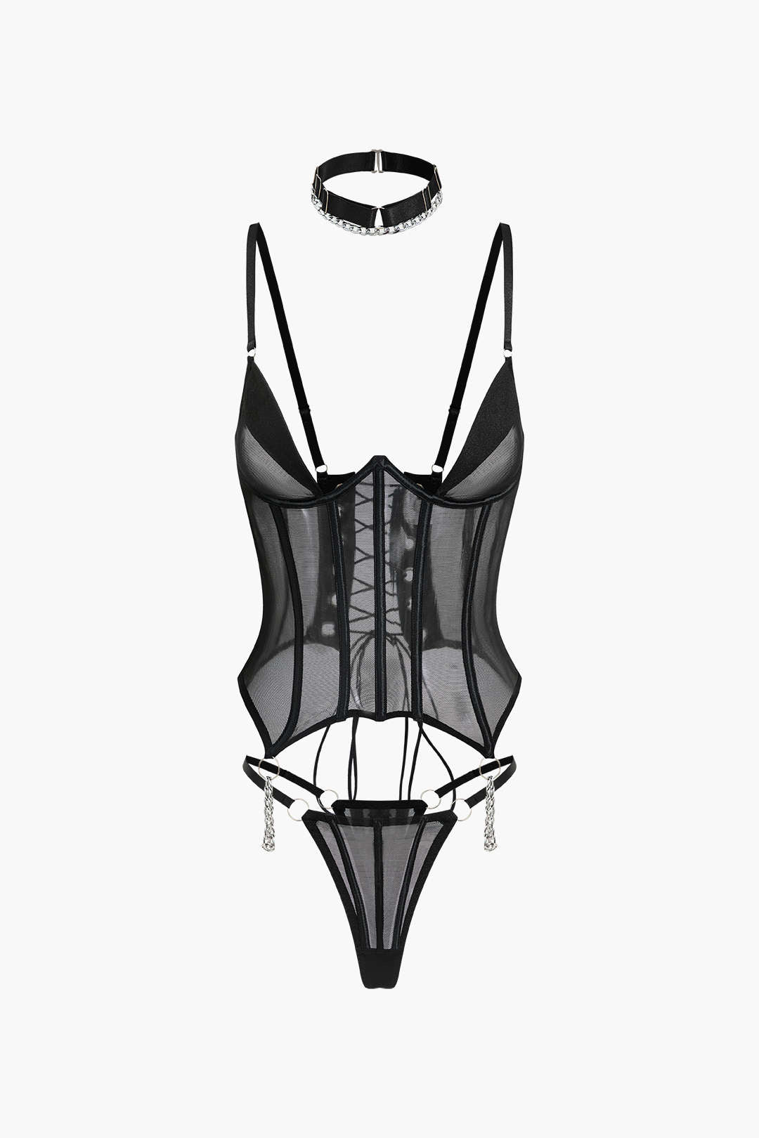 Σετ Ζαρτιέρες Με Μπούστο Και Αλυσίδα Από Τούλι