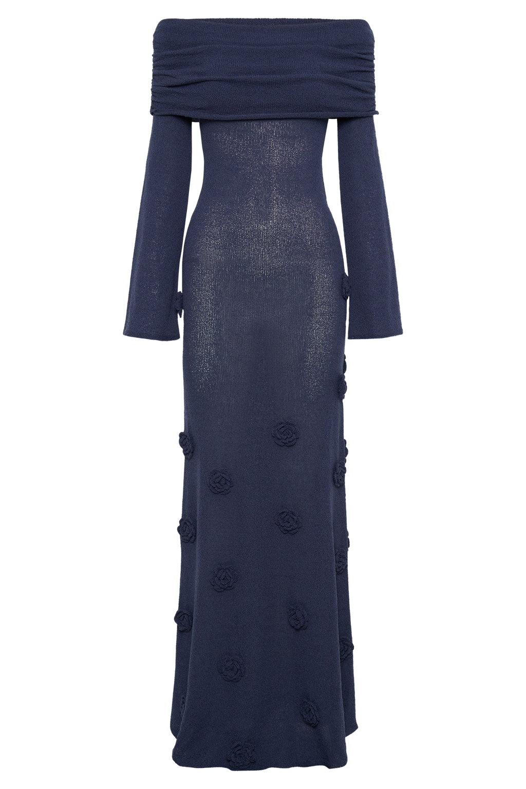 Kiki Πλεκτό Μακρύ Φόρεμα Με Έξωτους Ώμους Και Ροζ - Σκούρο Μπλε