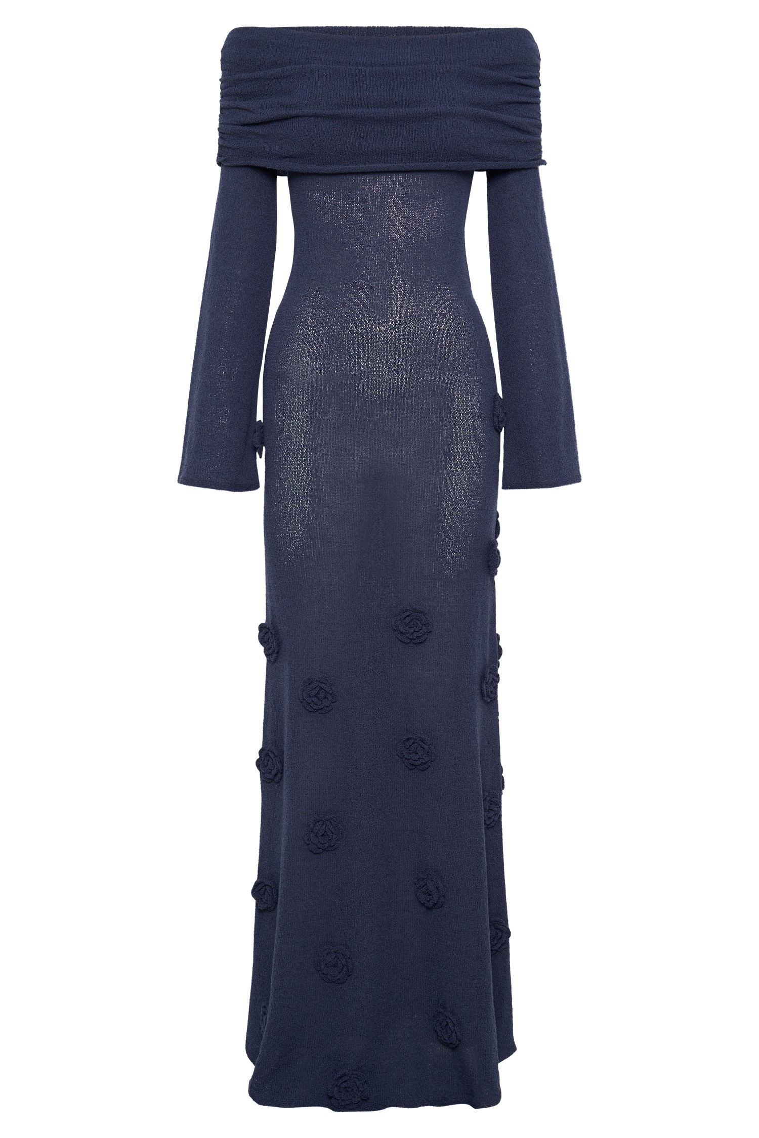 Kiki Πλεκτό Μακρύ Φόρεμα Με Έξωτους Ώμους Και Ροζ - Σκούρο Μπλε