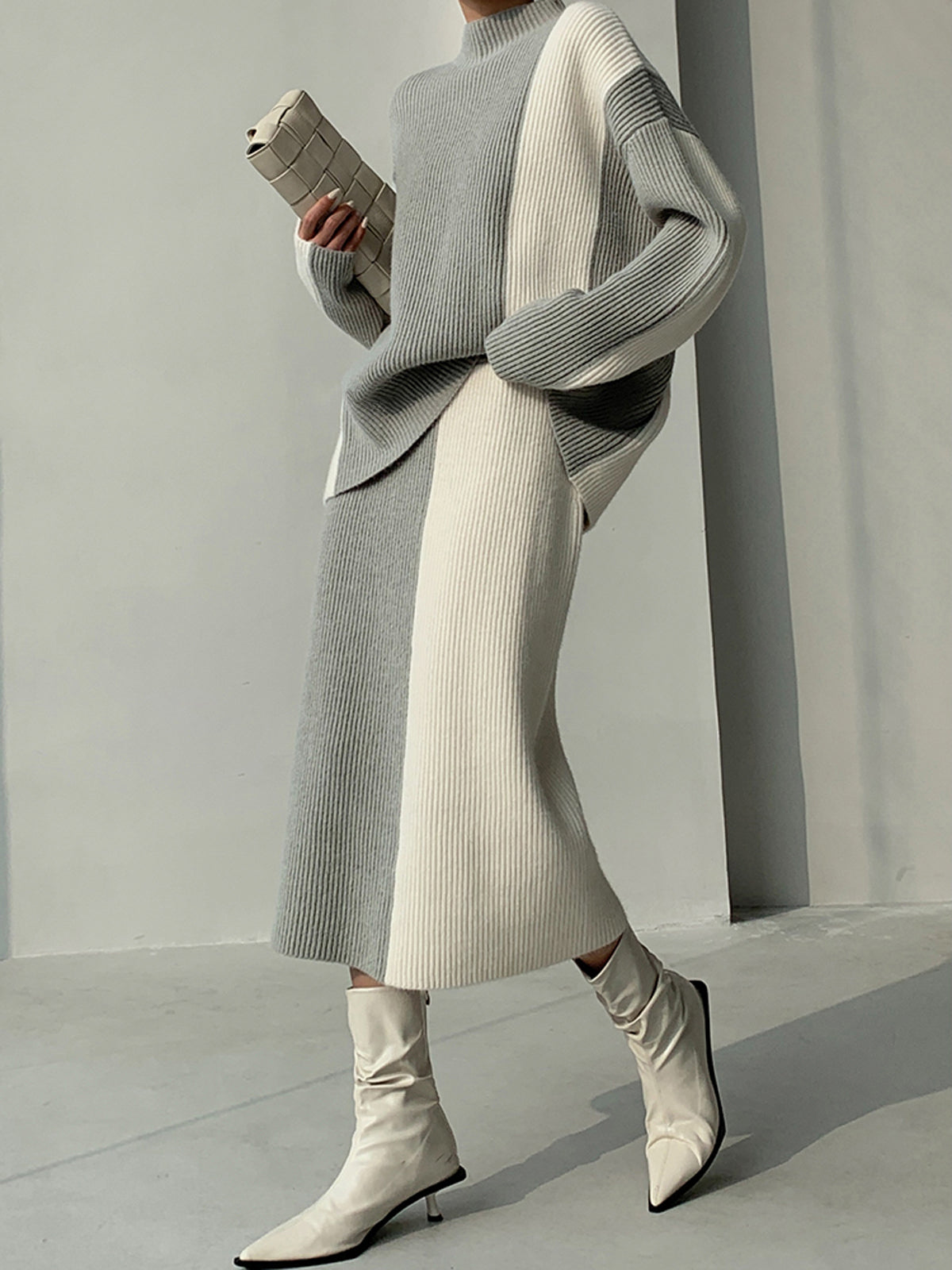 Σετ Πλεκτής Φούστας Δύο Τεμαχίων Με Ρίγες Σε Αντίθεση