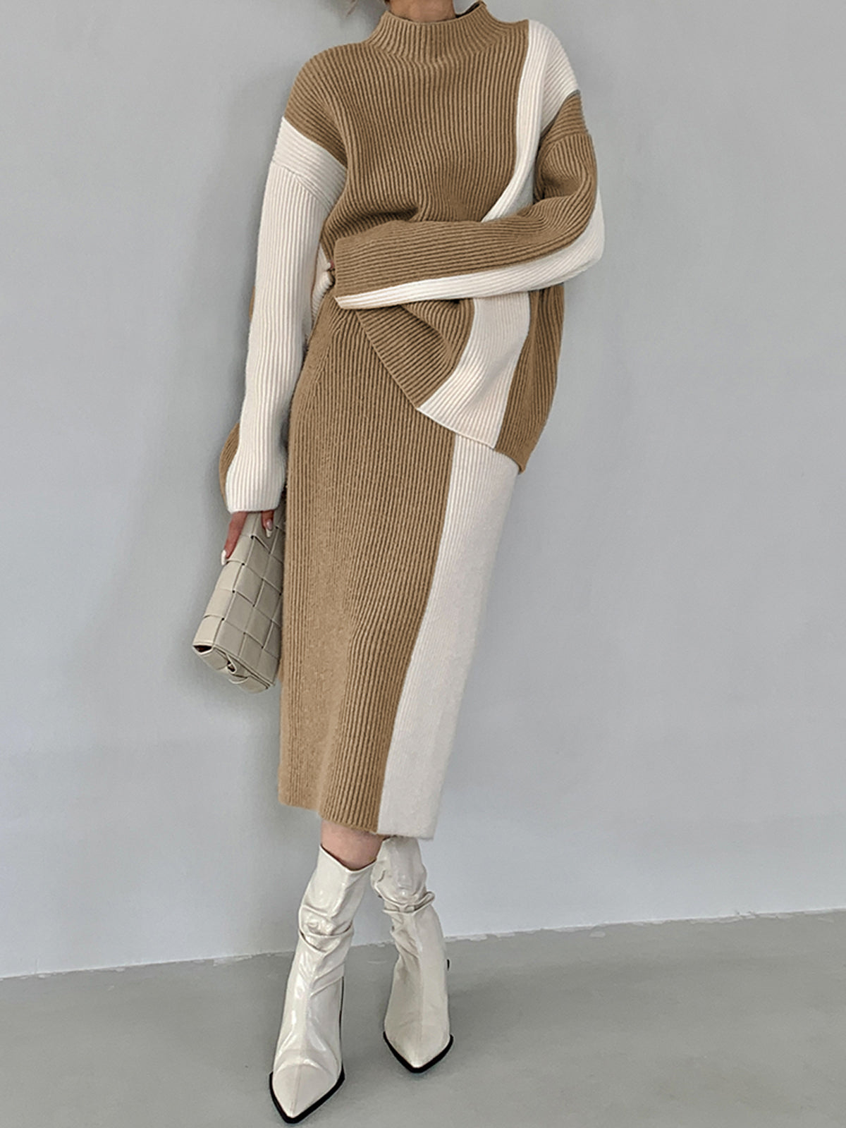 Σετ Πλεκτής Φούστας Δύο Τεμαχίων Με Ρίγες Σε Αντίθεση