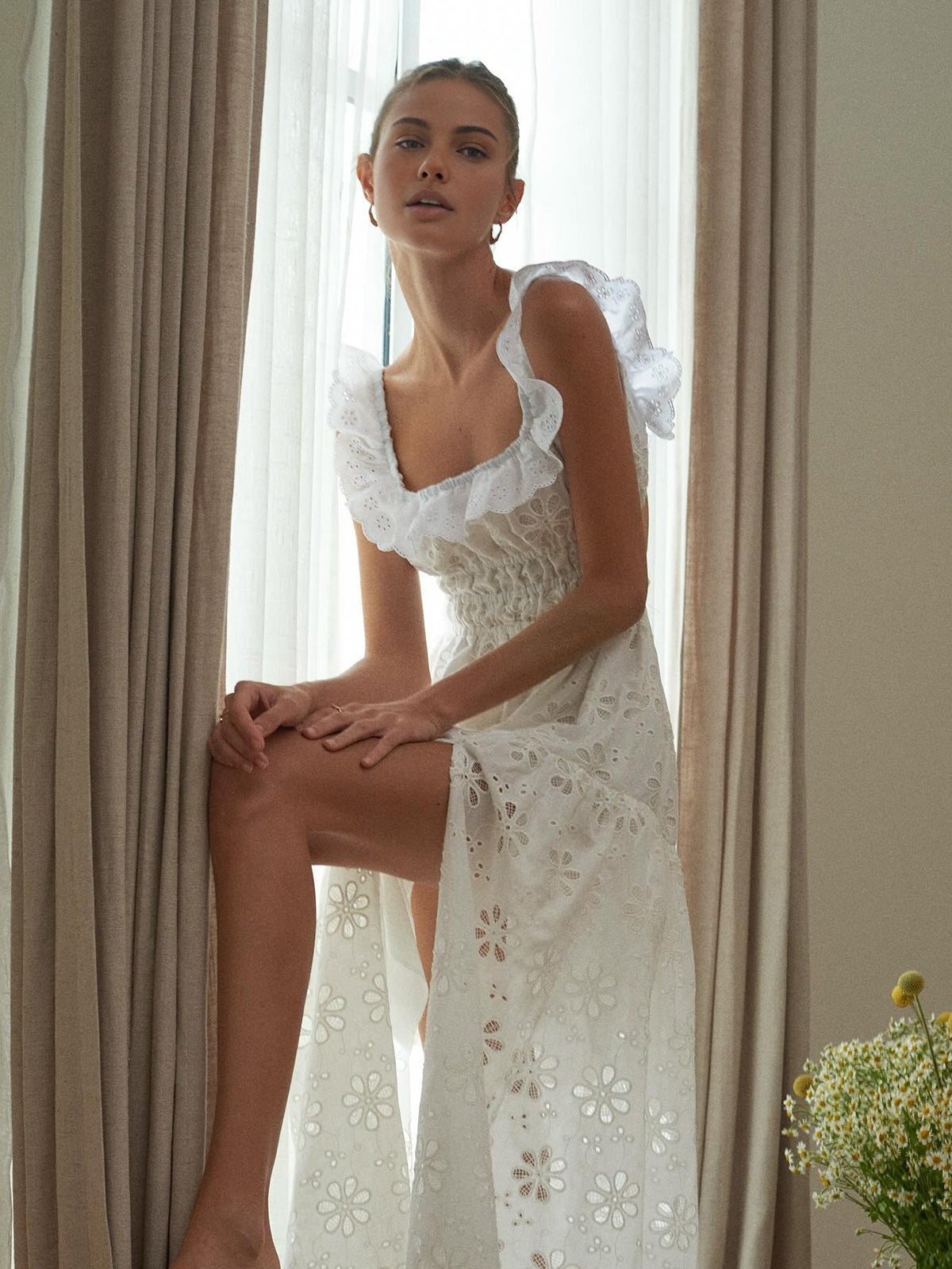 Μακρύ Φόρεμα Με Κέντημα Και Τρουκ Από Βαμβάκι Και Ηλιοφάνεια