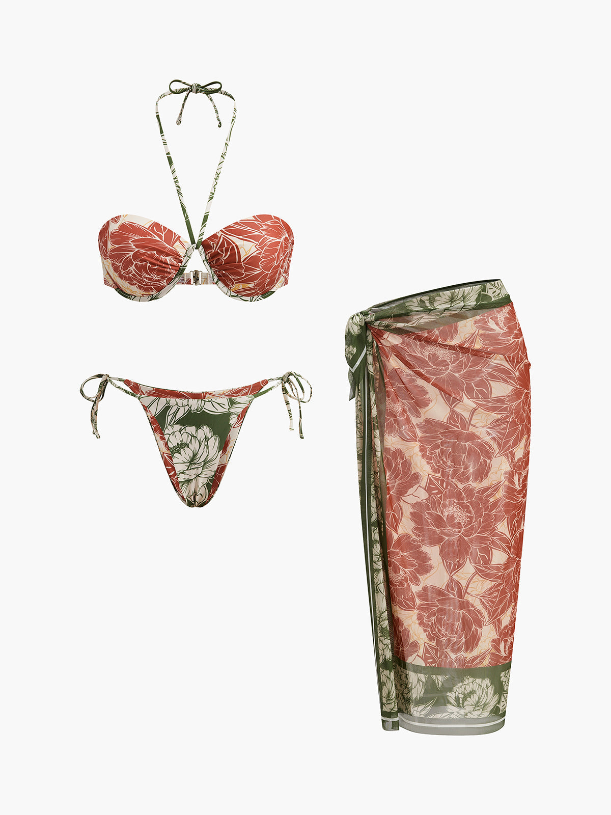 Σετ Μπικίνι Με Φλοράλ Τελείωμα Και Φούστα Με Δέσιμο Στο Τελείωμα