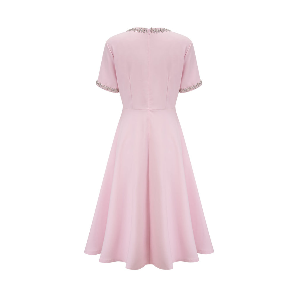 Φόρεμα Esther Pink Με Κοντό Μανίκι Και Κρυστάλλινες Λεπτομέρειες
