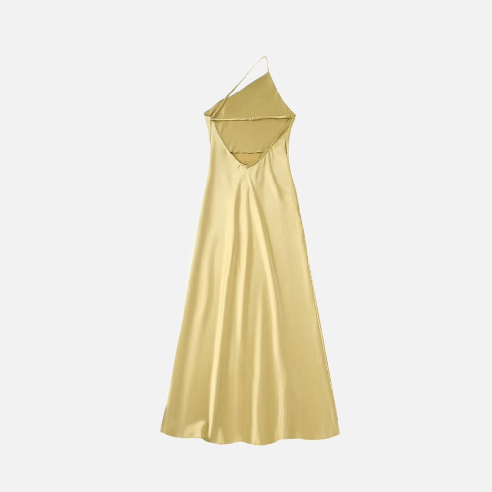Φόρεμα Μακρύ Σατέν Με Έναν Ώμο Και Λεπτομέρεια Στην Πλάτη, Ταΐπε