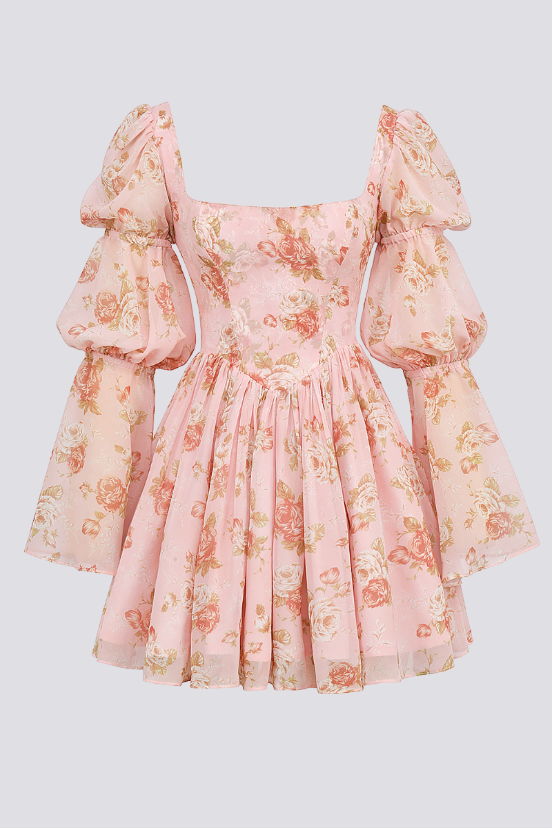 Μίνι Φόρεμα Με Θείο Λουλουδάτο Τετράγωνο Λαιμόκοψη