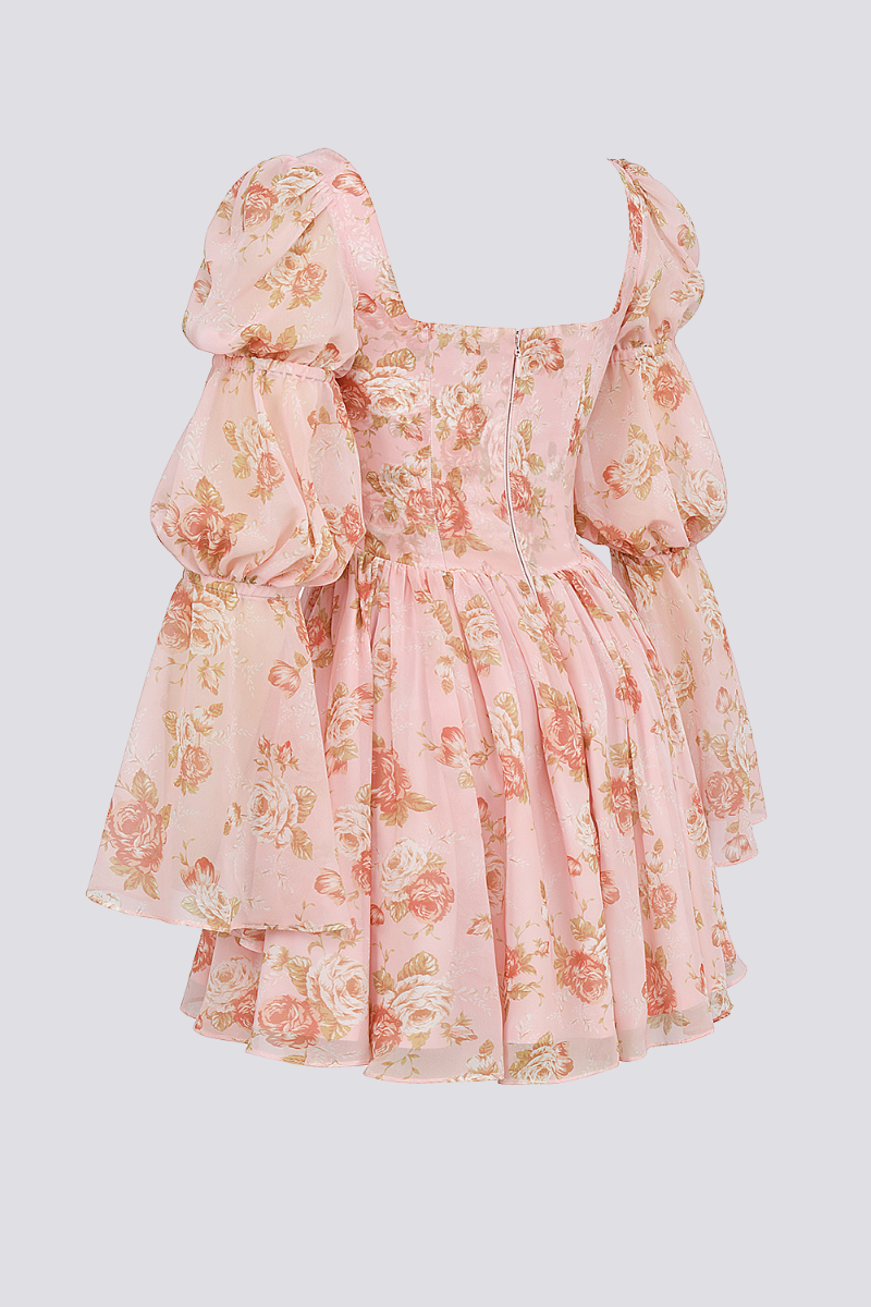 Μίνι Φόρεμα Με Θείο Λουλουδάτο Τετράγωνο Λαιμόκοψη