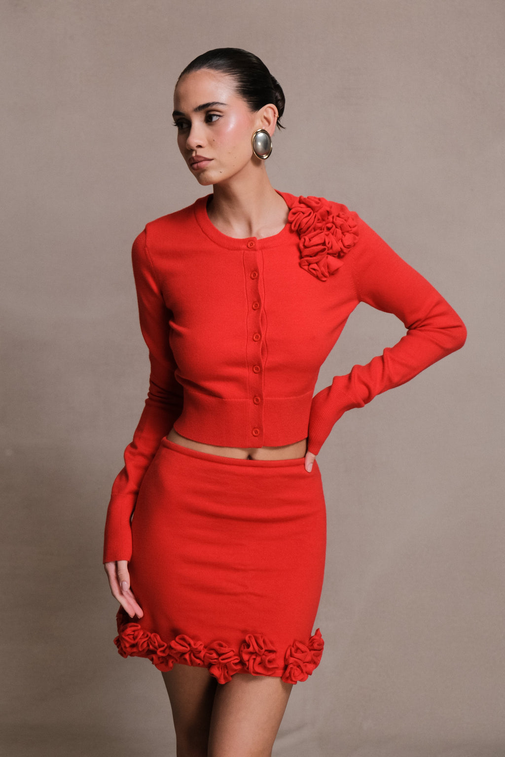 Πλεκτή Ζακέτα Gianna Με Λουλούδια - Κόκκινη