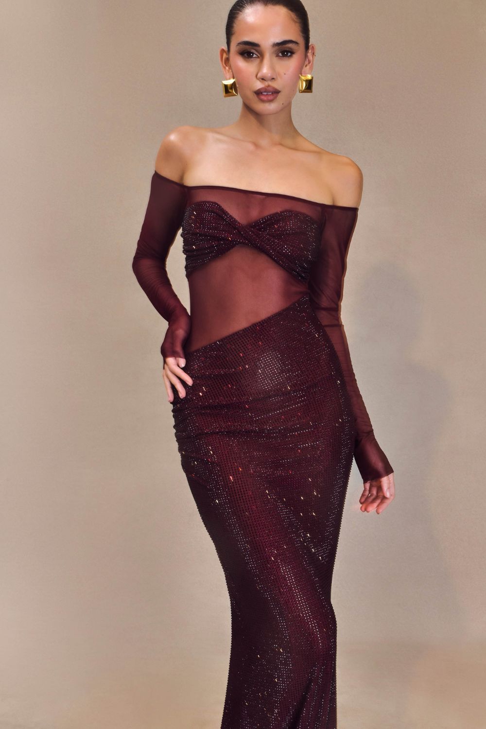 Βραδινό Φόρεμα Giada Με Έναν Ώμο, Μπορντό, Διάφανο Και Παγιέτες