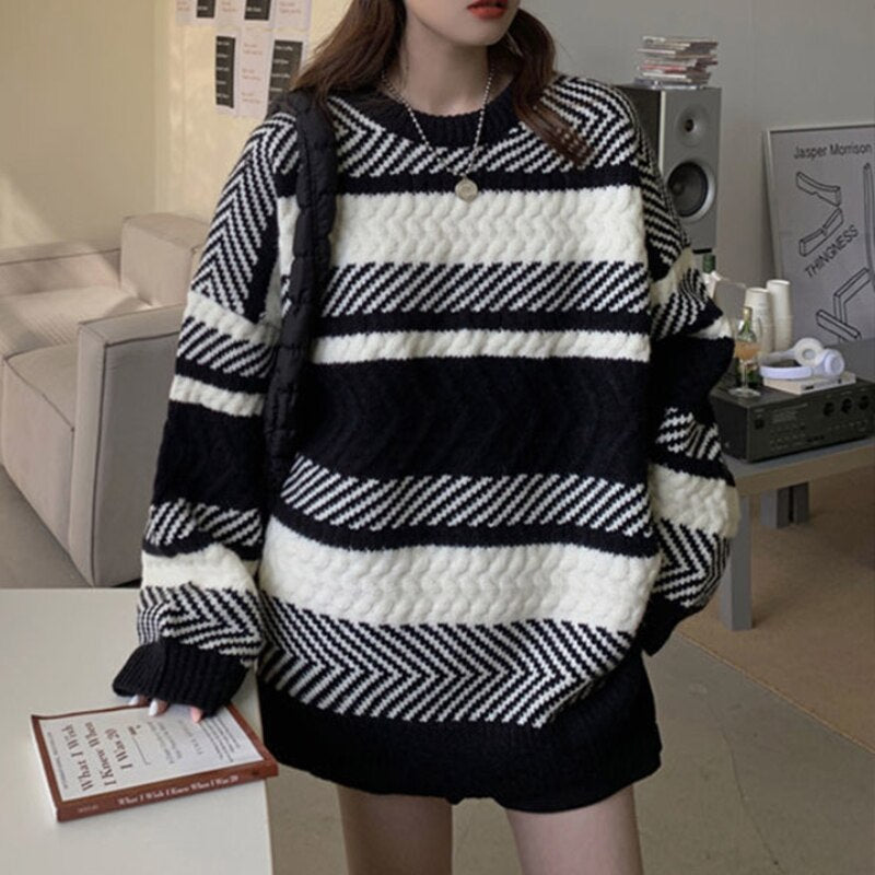 Ριγέ Oversized Πλεκτό Πουλόβερ Ψαροκόκαλο