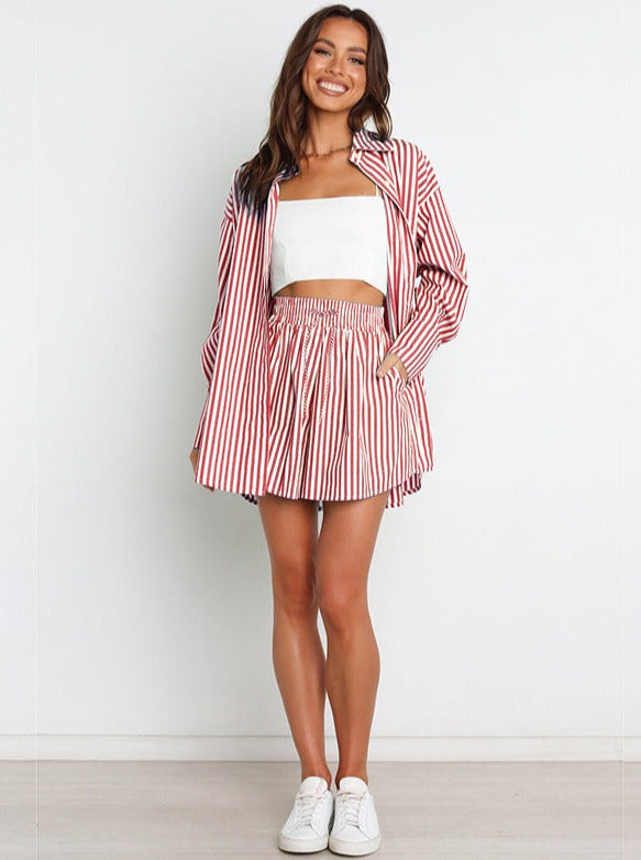 Kırmızı Çizgili Uzun Kollu ve Şortlu Takım - Riosso