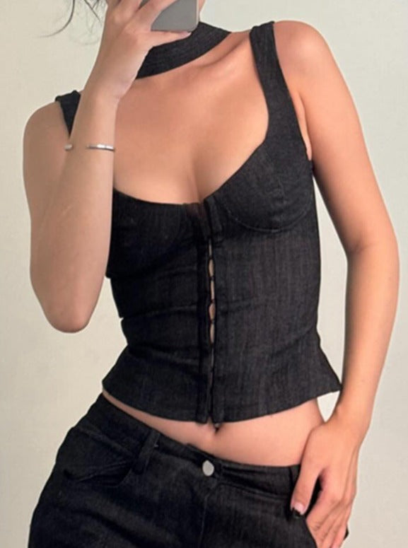 Retro Düşük Kesim Kare Yaka Zarif İnce Kolsuz Üst - Riosso