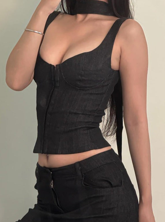 Retro Düşük Kesim Kare Yaka Zarif İnce Kolsuz Üst - Riosso