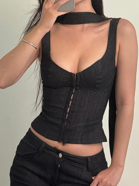 Retro Düşük Kesim Kare Yaka Zarif İnce Kolsuz Üst - Riosso