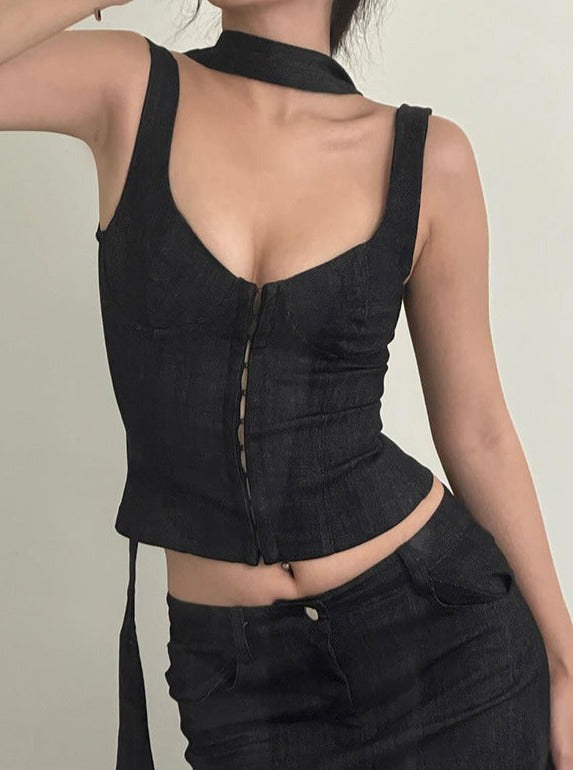 Retro Düşük Kesim Kare Yaka Zarif İnce Kolsuz Üst - Riosso