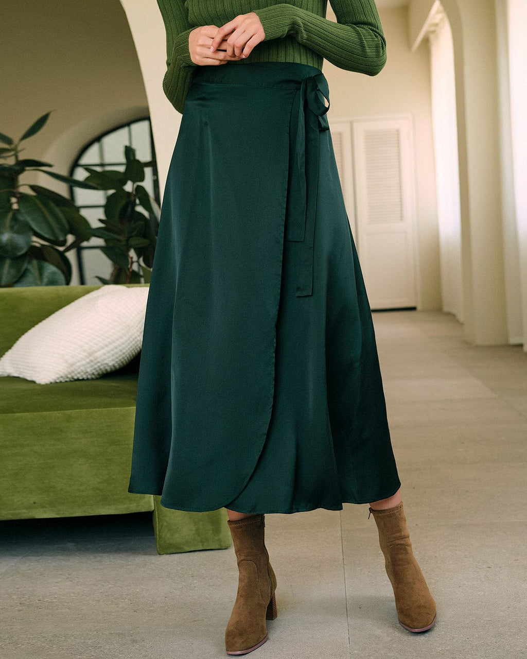 Φούστα Midi Με Ψηλή Μέση Και Ζώνη Από Σατέν