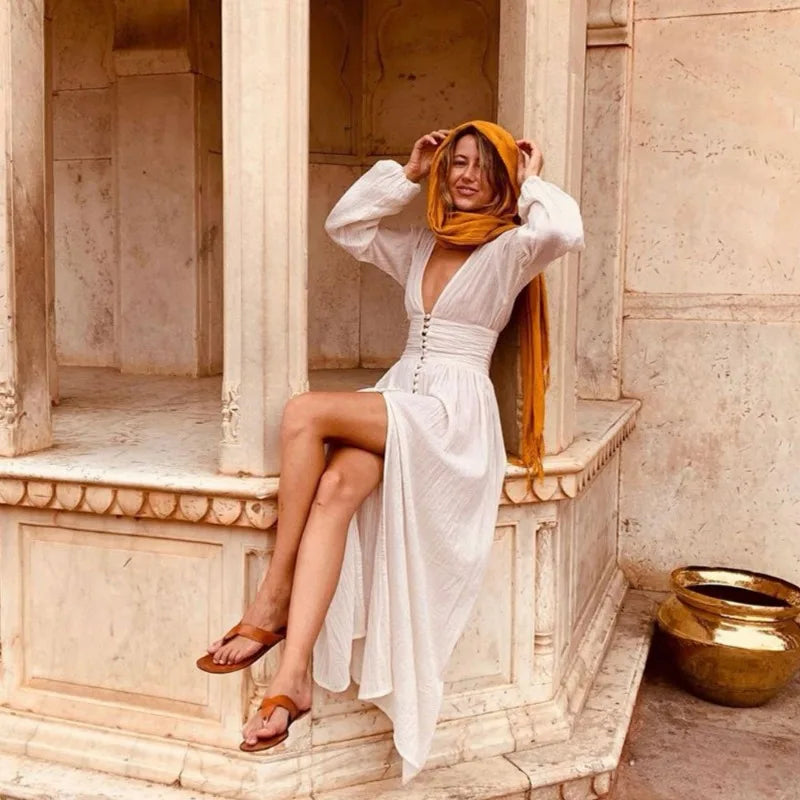 Vintage Μάξι Φόρεμα Με Βαθύ Ντεκολτέ Και Κουμπιά