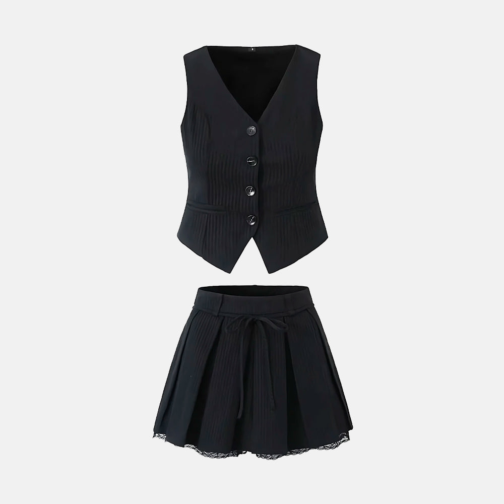 Σετ Γιλέκου Και Φούστας Με Πτυχώσεις Και Δαντέλα