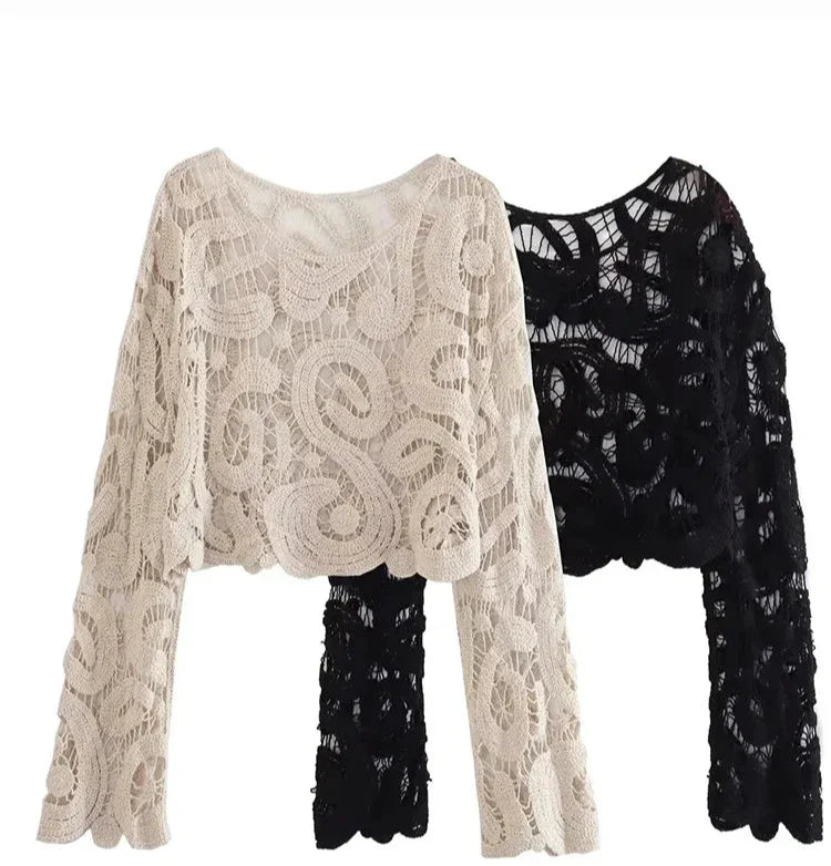 Μπλούζα Με Μακριά Μανίκια Και Πλεκτή Δαντέλα