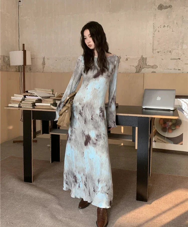 Φόρεμα Μάξι Με Μακριά Μανίκια Και Μοτίβο Κερασιάς Σε Μάρμαρο, Χωρίς Πλάτη