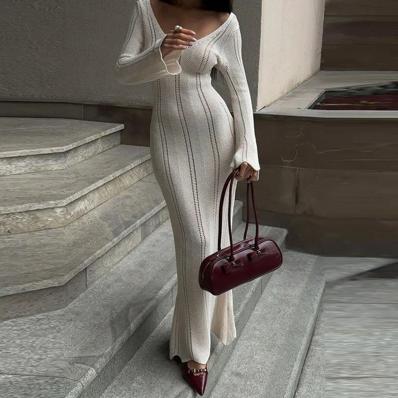 Φθινοπωρινό Φόρεμα Με Λεπτή Πλεχτή Μάξι Φόρεμα