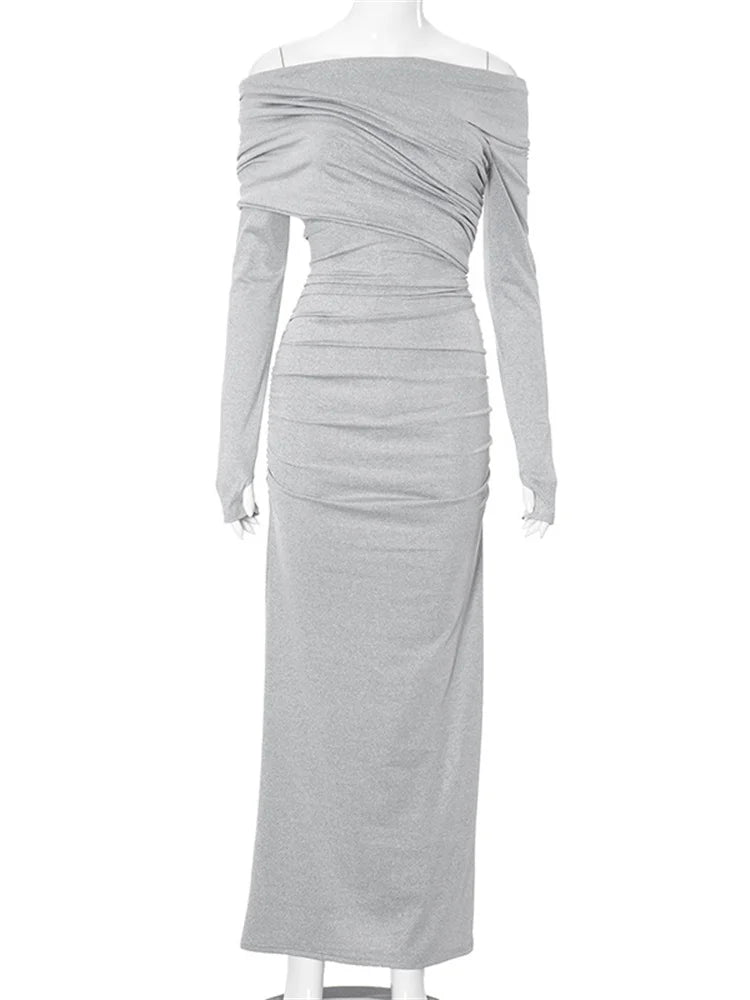 Φόρεμα Μάξι Με Λαιμόκοψη Και Σούρες Στο Πλάι