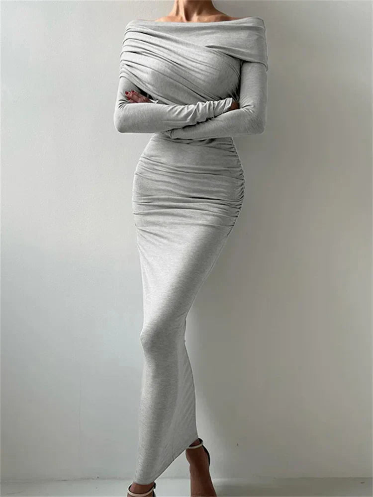 Φόρεμα Μάξι Με Λαιμόκοψη Και Σούρες Στο Πλάι