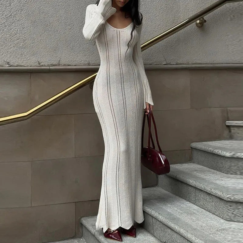 Φθινοπωρινό Φόρεμα Με Λεπτή Πλεχτή Μάξι Φόρεμα