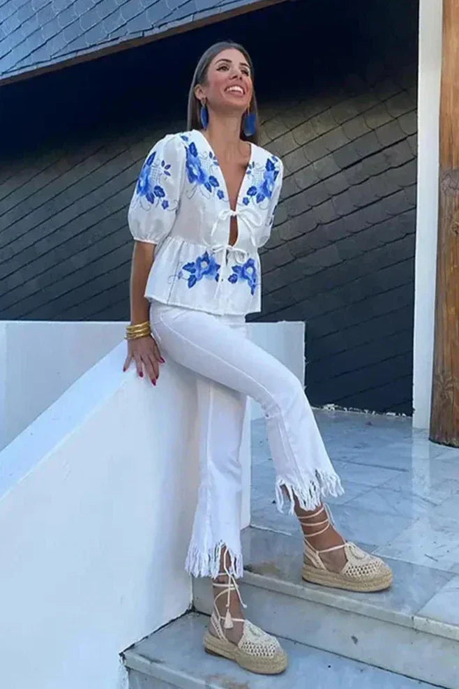 Μπλούζα Με Φλοράλ Φιόγκο Και Πέπλο