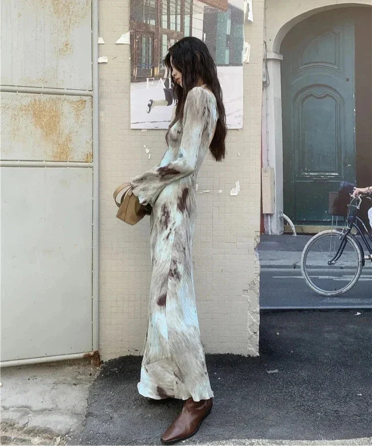 Φόρεμα Μάξι Με Μακριά Μανίκια Και Μοτίβο Κερασιάς Σε Μάρμαρο, Χωρίς Πλάτη