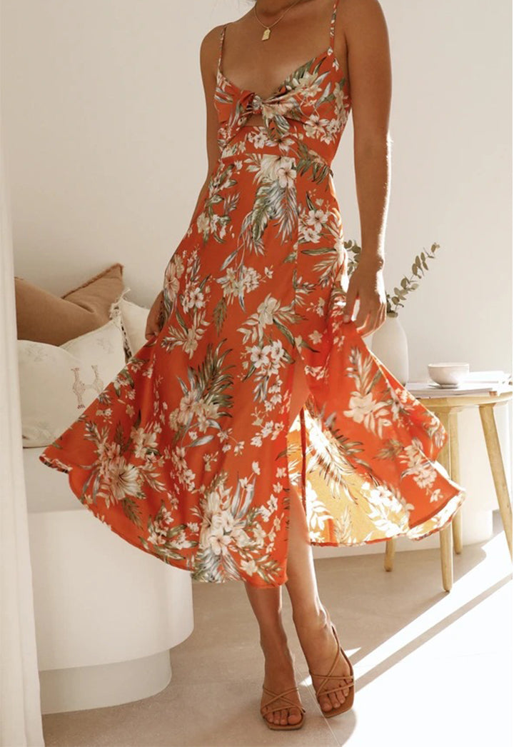 Saten Çiçekli Bölmeli Göğüs Düğmeli Midi Elbise - Riosso