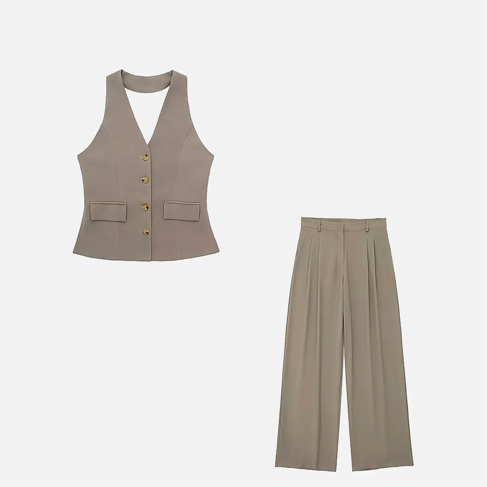 Σετ Γιλέκου Και Παντελονιού Με Τιράντες Και Λαιμόκοψη