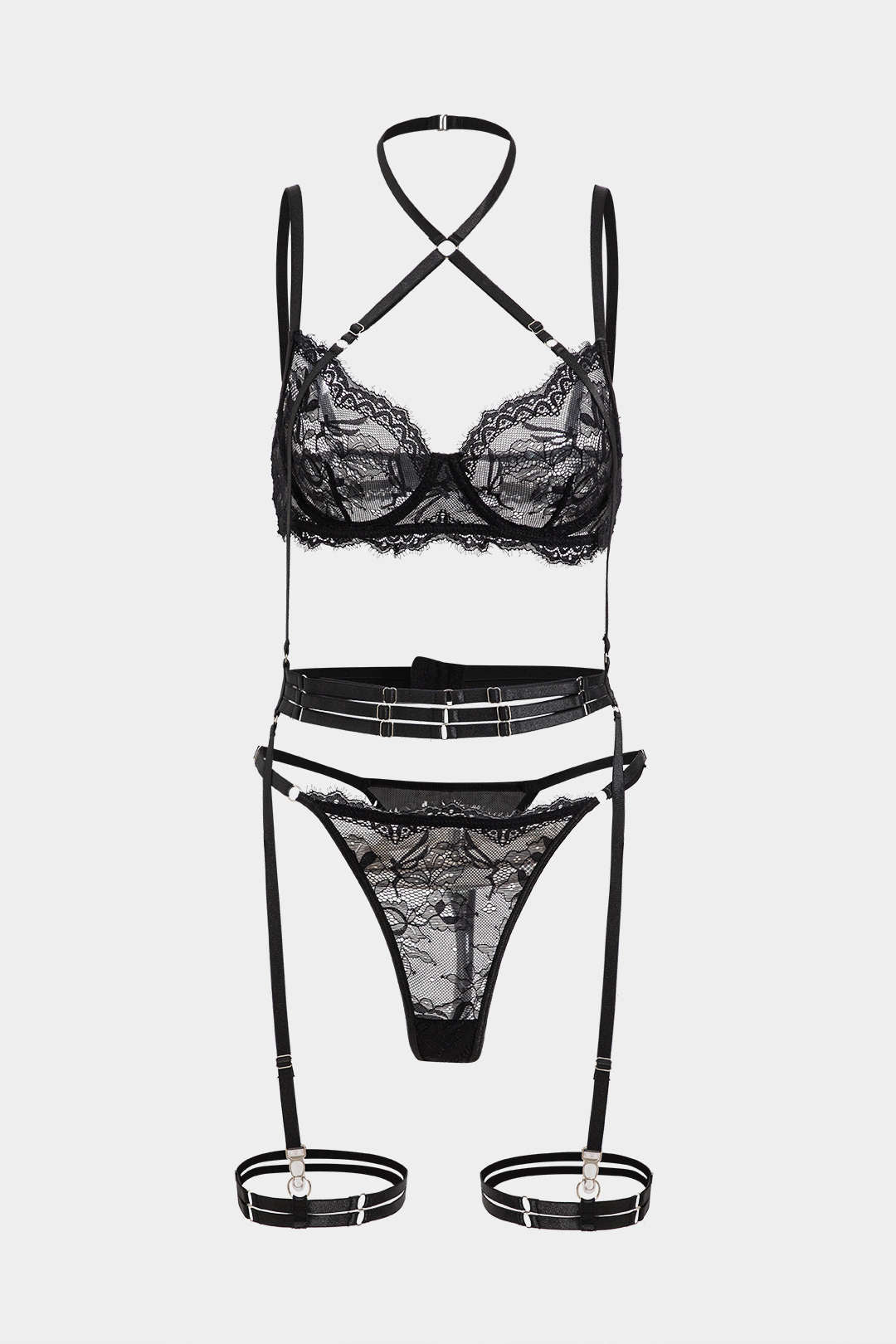 Σετ Ζαρτιέρες Με Δαντέλα Και Κέντημα Στο Στήθος Με Σταυρό