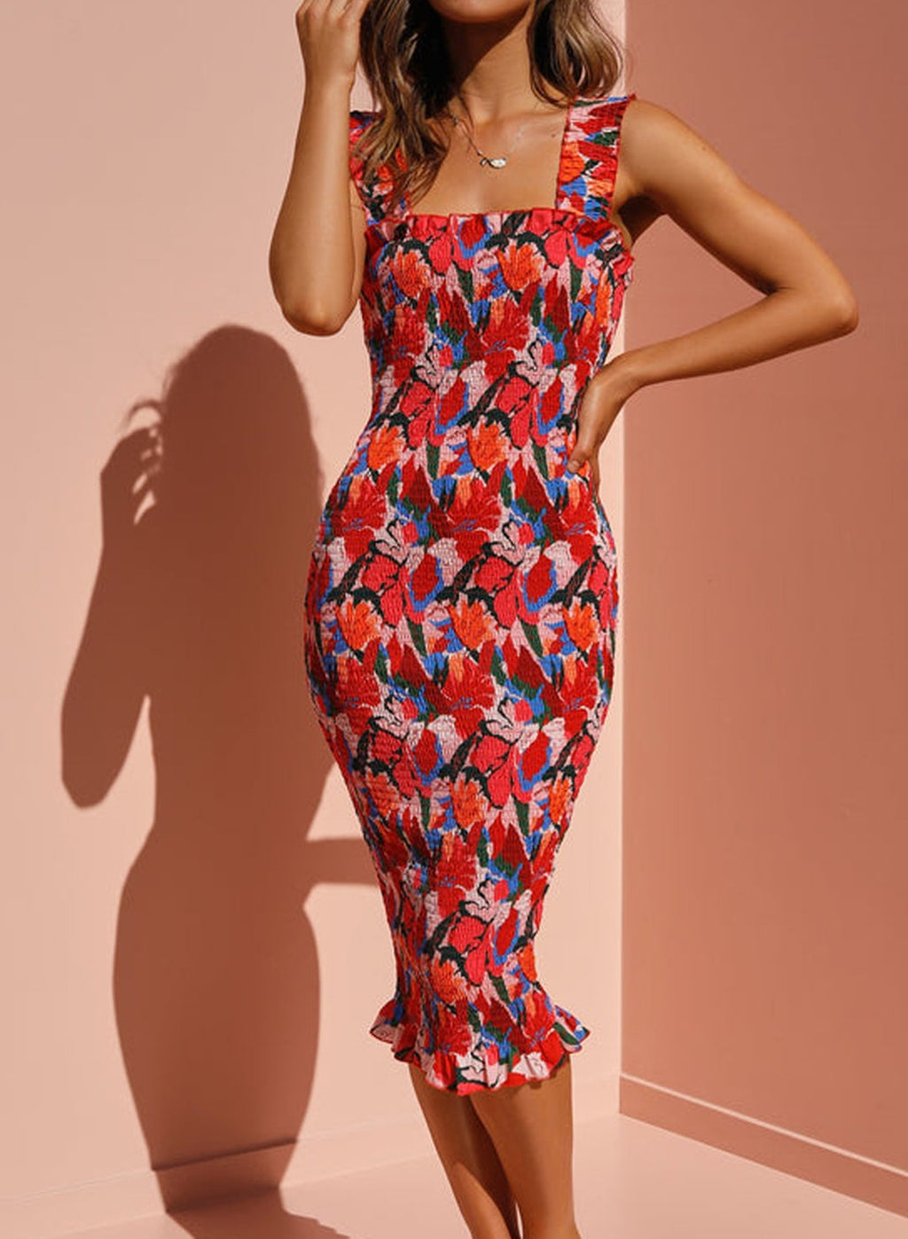 Tropikal Çiçekli Midi Elbise - Riosso