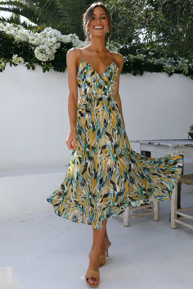 Kamelia Baskılı Pileli V Yaka Elbise - Riosso