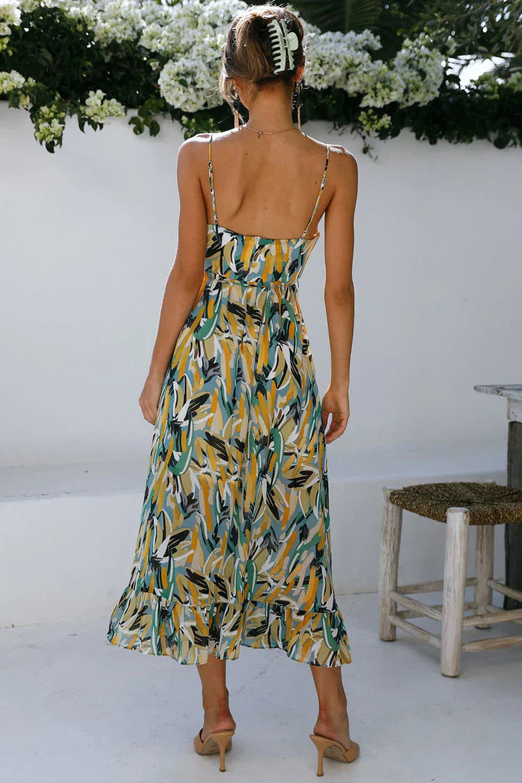 Kamelia Baskılı Pileli V Yaka Elbise - Riosso