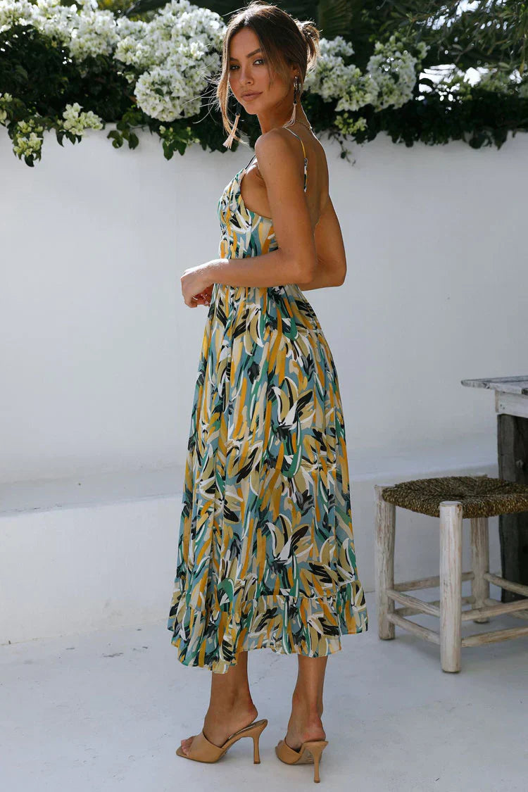 Kamelia Baskılı Pileli V Yaka Elbise - Riosso