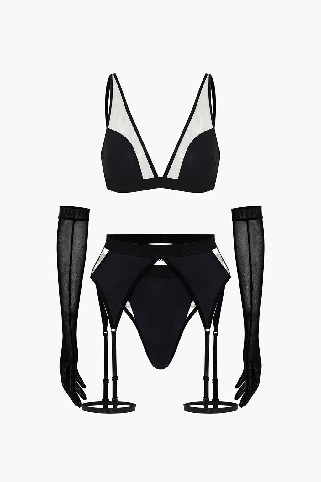 Σετ Ζαρτιέρες Με Διαφανή Εσώρουχα Και Γάντια Από Πλέγμα