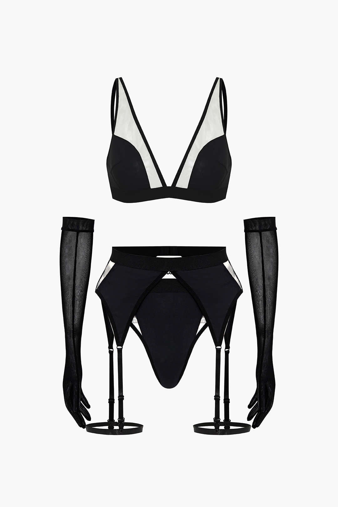 Σετ Ζαρτιέρες Με Διαφανή Εσώρουχα Και Γάντια Από Πλέγμα