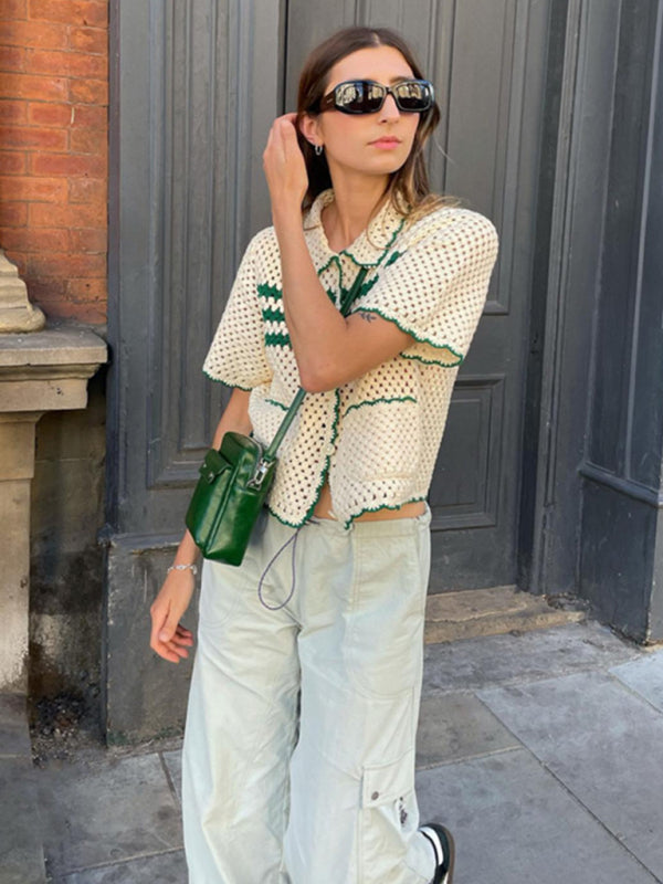 Μπλούζα Πόλο Με Ριγέ Τρύπες Και Γιακά Με Κοντά Μανίκια