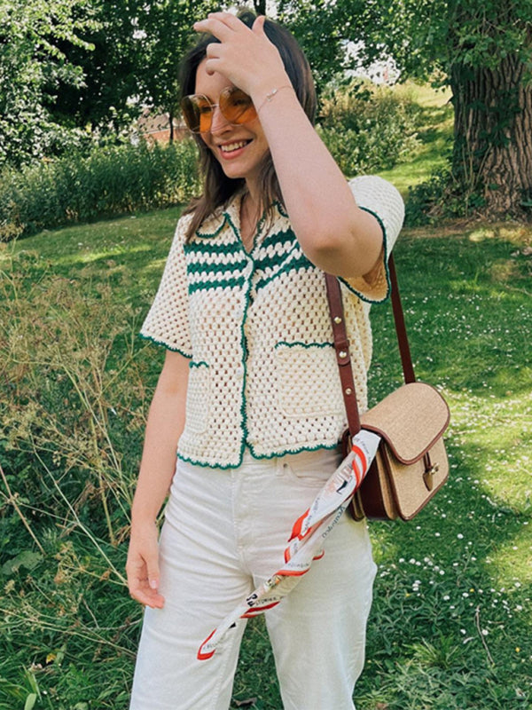 Μπλούζα Πόλο Με Ριγέ Τρύπες Και Γιακά Με Κοντά Μανίκια