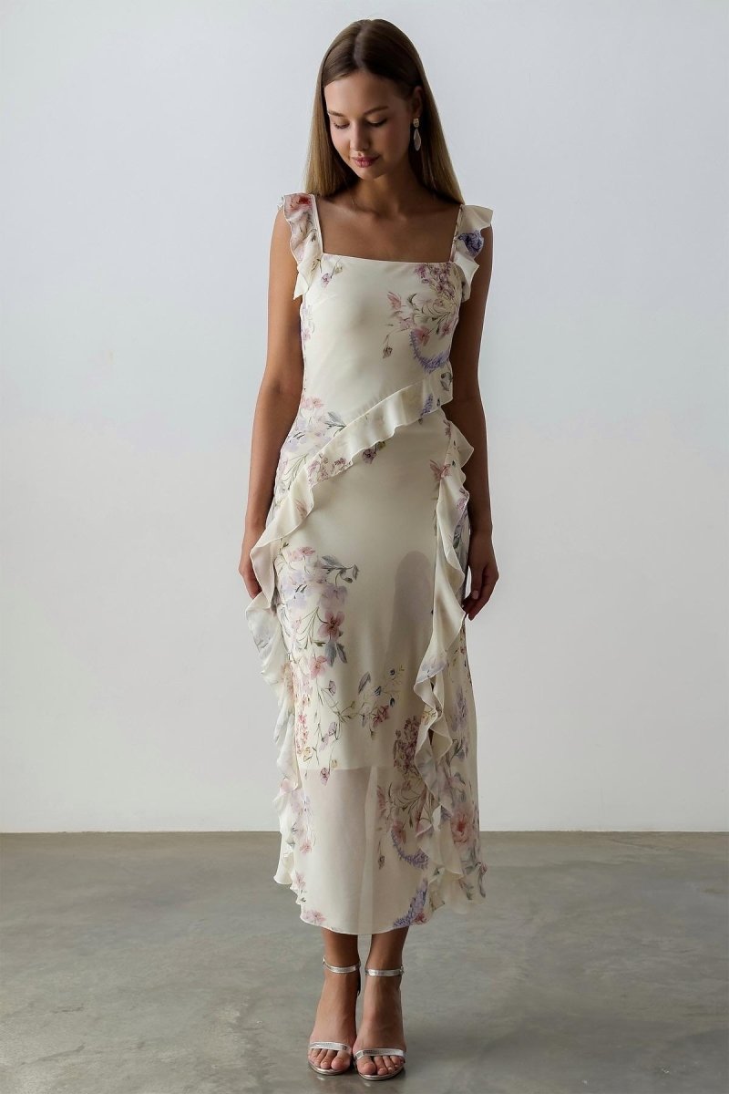 Φόρεμα Μίντι Με Βολάν Και Τιράντες Naomi, Με Φλοράλ Ντεκολτέ