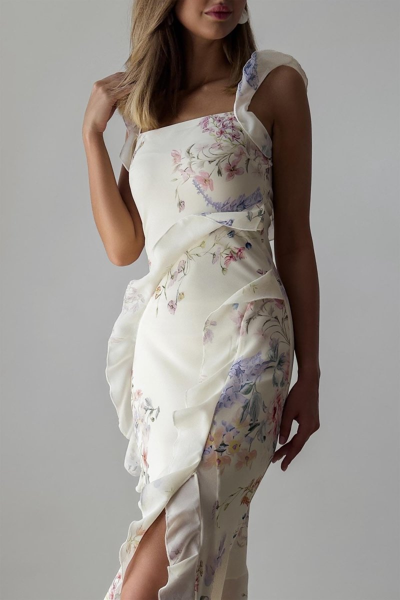 Φόρεμα Μίντι Με Βολάν Και Τιράντες Naomi, Με Φλοράλ Ντεκολτέ