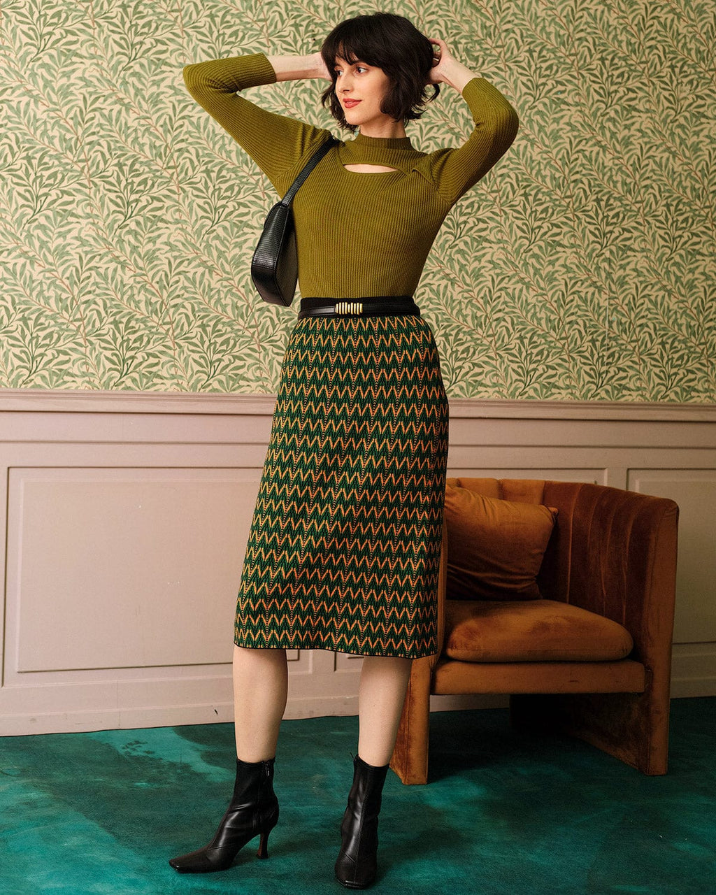 Πράσινο Πλεκτό Τοπ Με Κοψίματα Και Γιακά Στο Μισό Μέρος