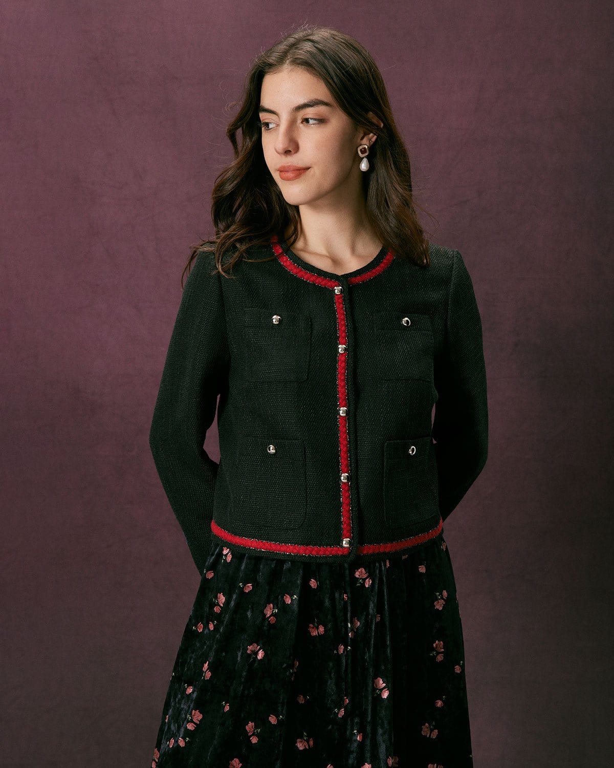 Μαύρο Μπουφάν Από Τουίντ Με Κουμπιά Και Χρωματικά Μπλοκ