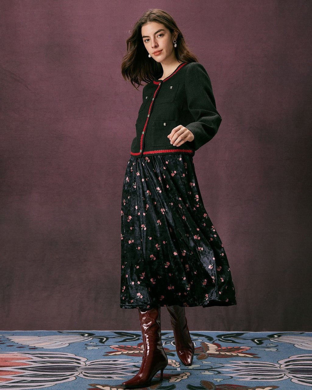 Μαύρο Μπουφάν Από Τουίντ Με Κουμπιά Και Χρωματικά Μπλοκ