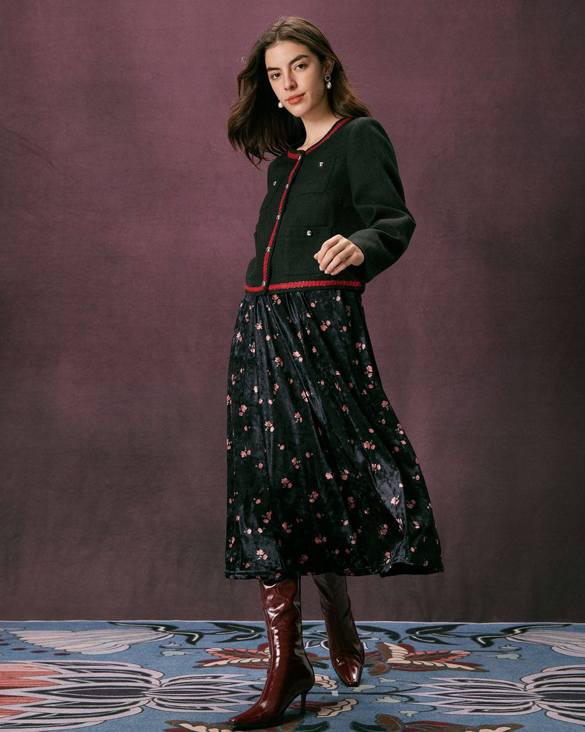 Μαύρο Μπουφάν Από Τουίντ Με Κουμπιά Και Χρωματικά Μπλοκ