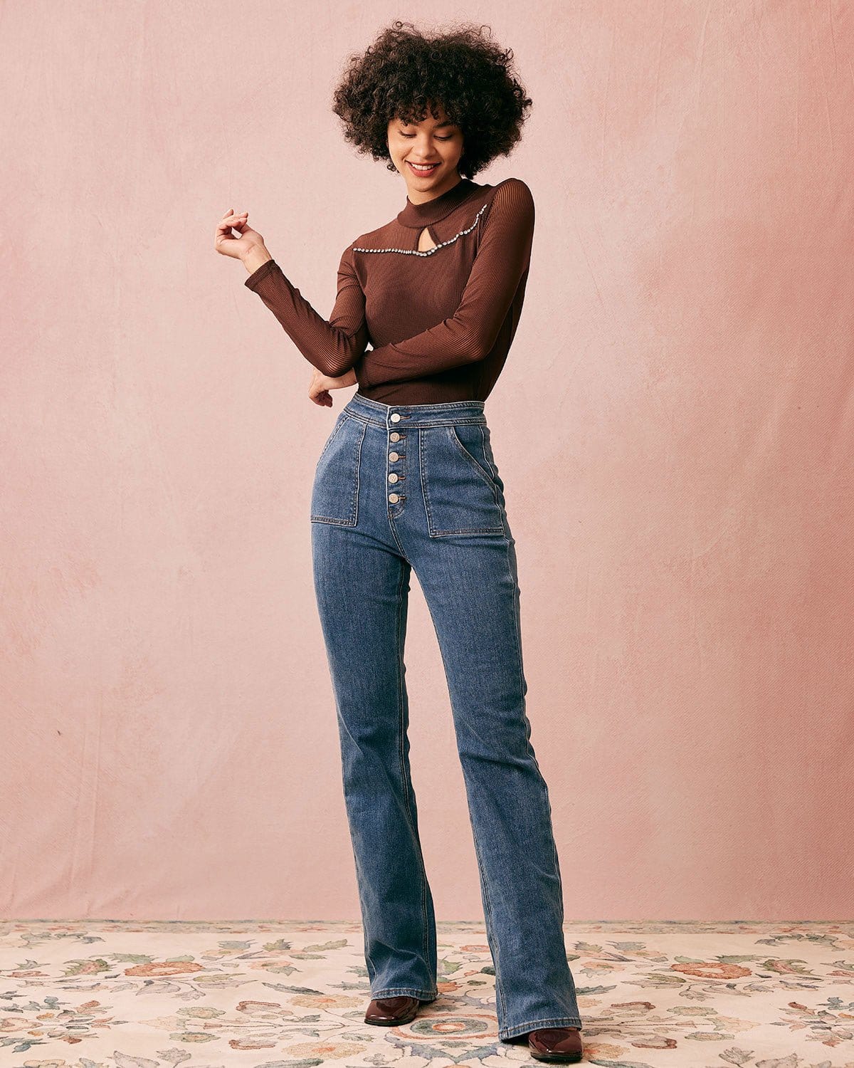 Καφέ Πλεκτό Τοπ Με Στρογγυλή Λαιμόκοψη Και Ριμπ Ύφανση