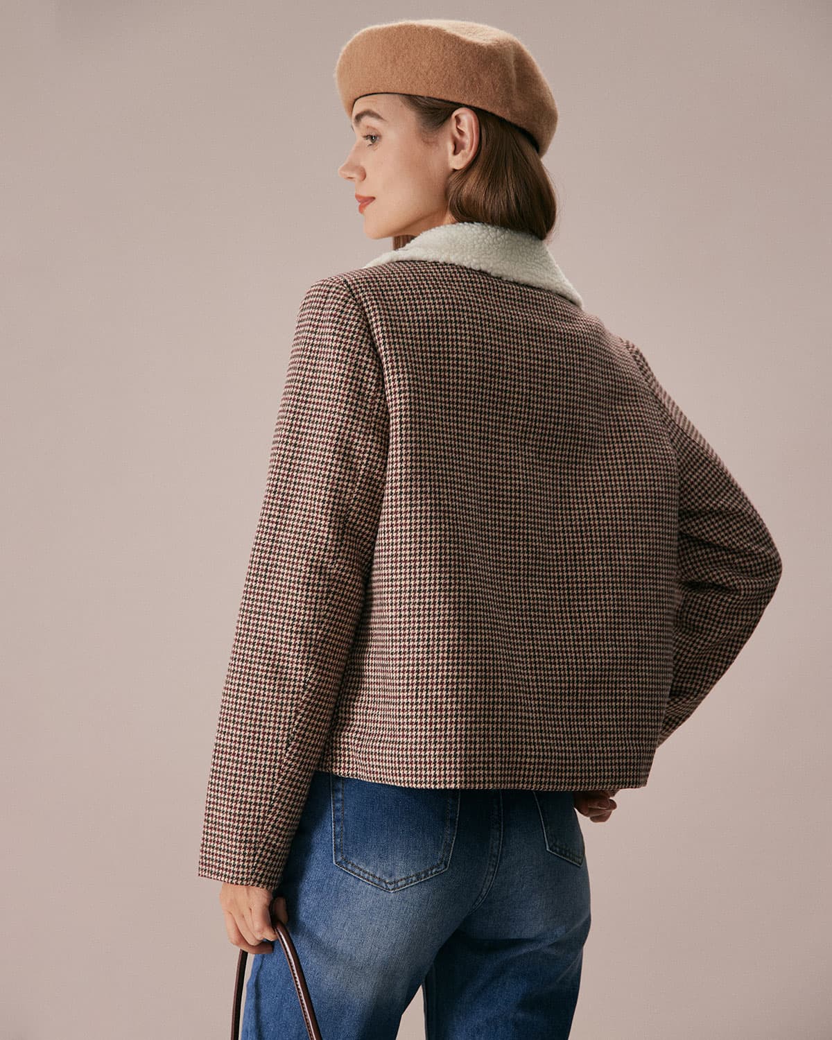 Καφέ Μπουφάν Houndstooth Με Πέτο Και Αρκουδάκι